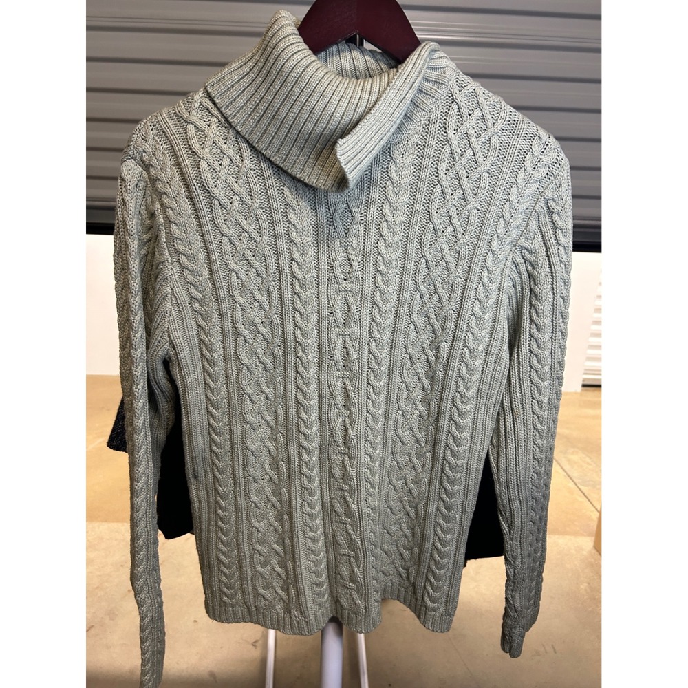 Wainscott Sweater Women L Green Cable Knit Turtleneck Cotton Pullover